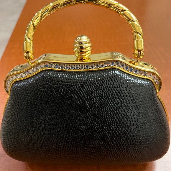 VTG BLACK LEATHER AND RHINESTONE EVENING BAG - RETRACTABLE HANDLE AND LONG CHAIN - Picture 3 of 13